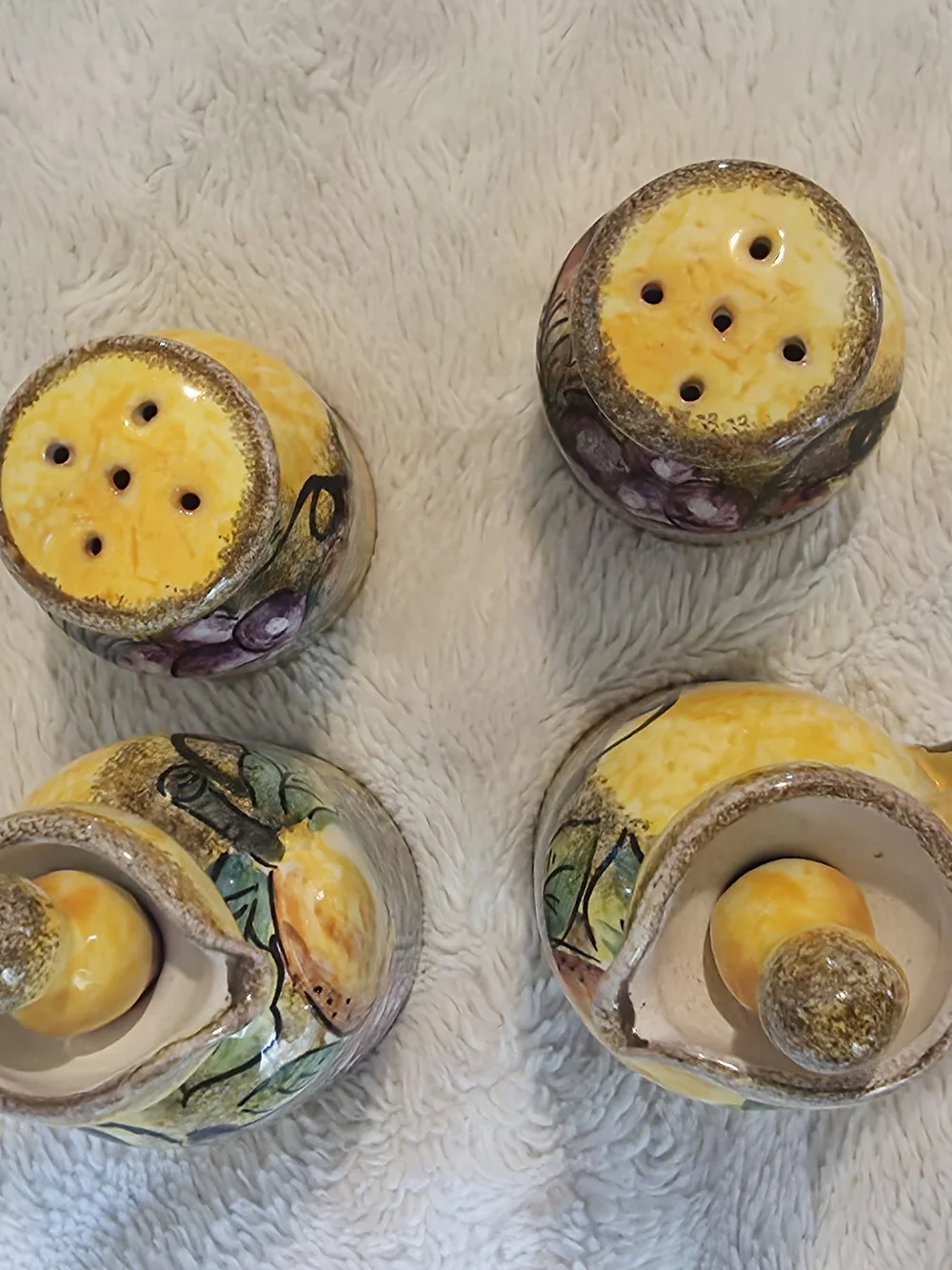 vintage italian majolica pottery condiments set Hand Painted with Holder